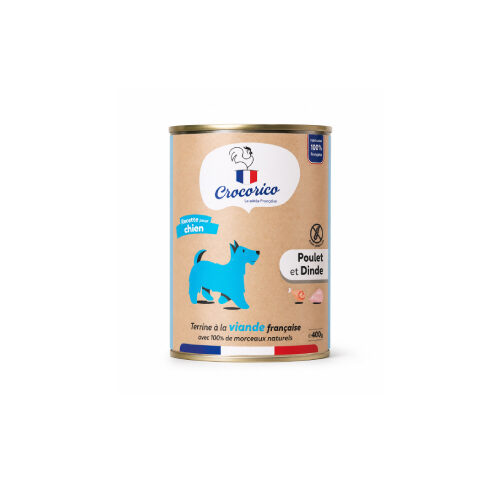 Can of dog food labeled Poulet et Dinde (chicken and turkey) with a blue dog silhouette on a beige background.