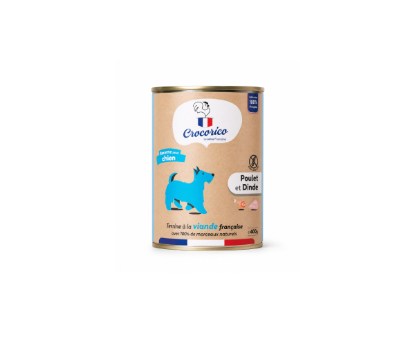 Can of dog food labeled Poulet et Dinde (chicken and turkey) with a blue dog silhouette on a beige background.