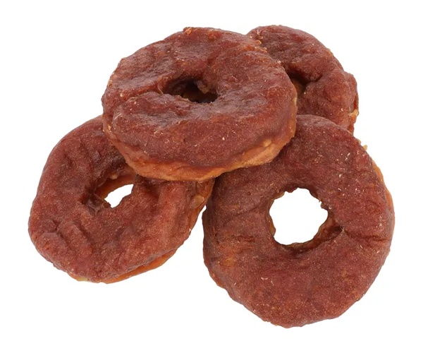 Three reddish-brown ring donuts stacked together, each with a central hole and a slightly rough surface