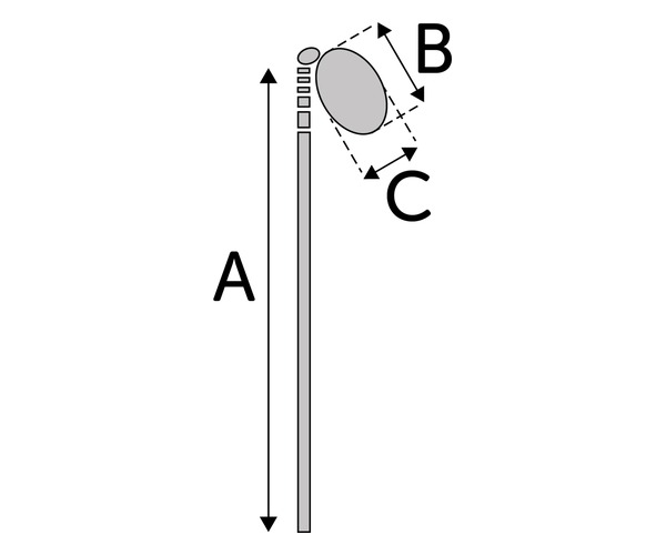Technical diagram: a long vertical rod with height A, a small circular knob at the top, and a tilted gray ellipse near the top with dashed arrows labeled B and C indicating rotation/tilt.