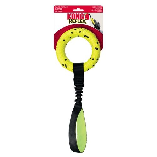KONG Reflex dog toy: bright yellow ring with black specks and a black handle extending to a neon green tip in a red package top area